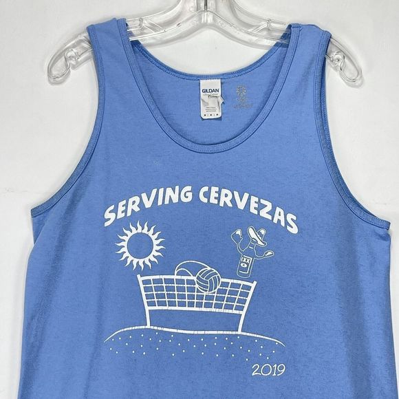Serving Cervezas Tank Top Mens Blue Medium - Picture 2 of 7